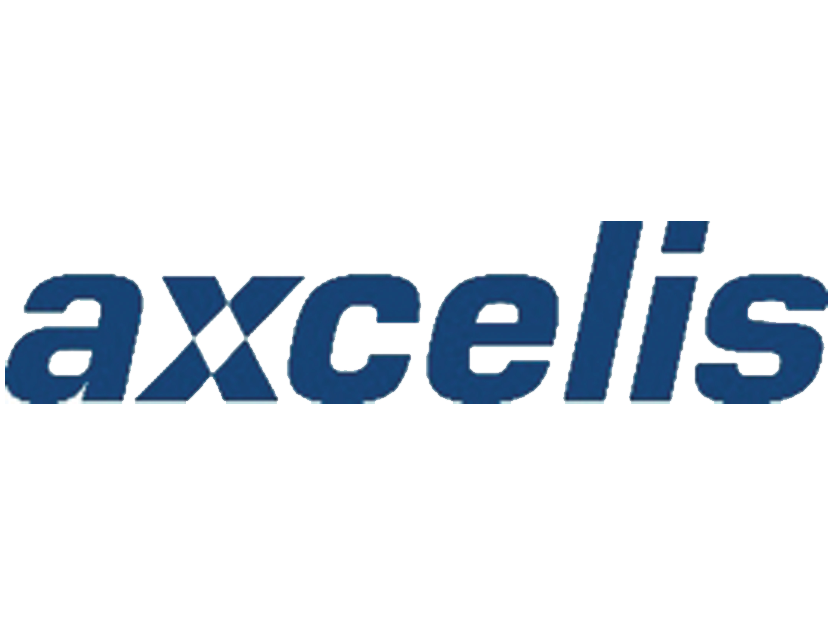 The image depicts the logo of Axcelis Technologies, featuring the word "axcelis" in blue lowercase letters.