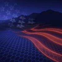 Stylized depiction of the American flag with glowing red stripes and star patterns against a dark, mountainous landscape.