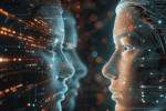 Futuristic digital illustration of two human profiles, facing each other, composed of glowing lines and dots, symbolizing artificial intelligence and connectivity.